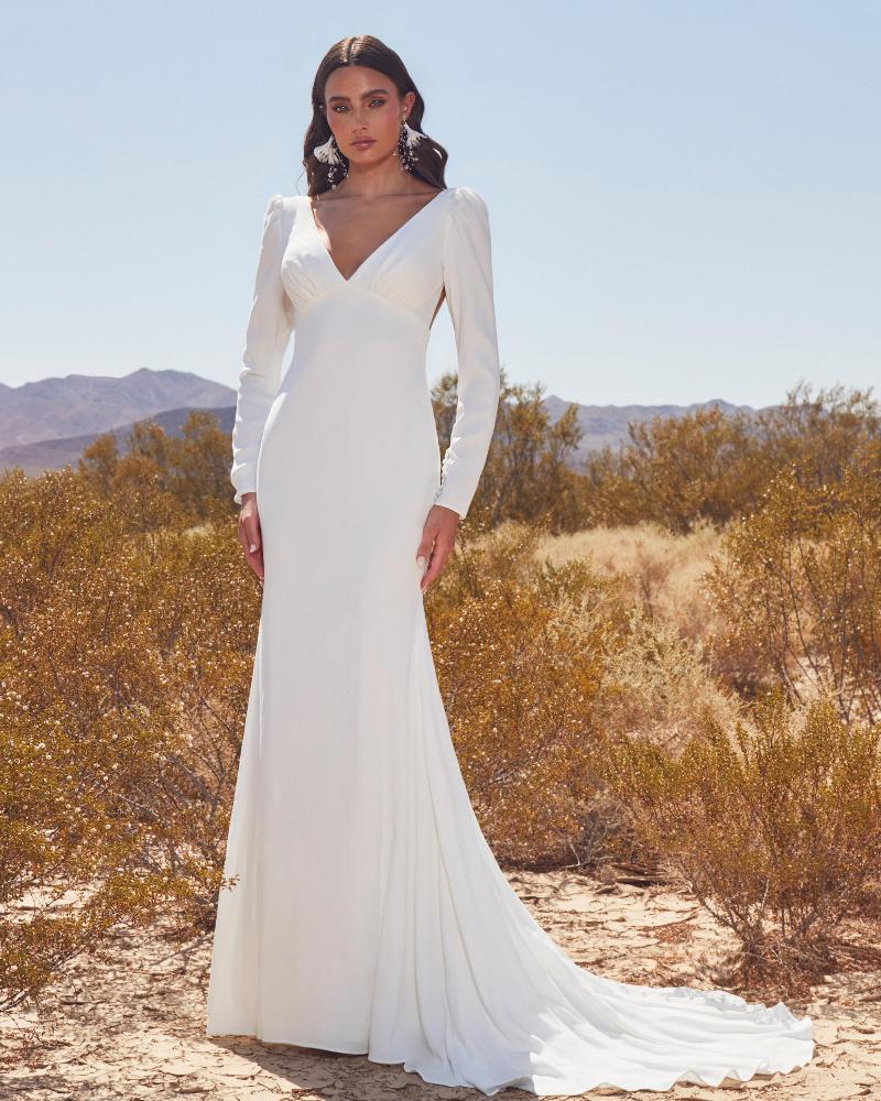 Lp2413 modern minimalist wedding dress with sleeves and backless design3